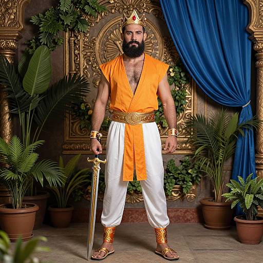 Confident Man with Crown and Weapon