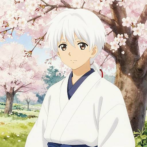 Gentle White-Haired Anime Boy in Kimono