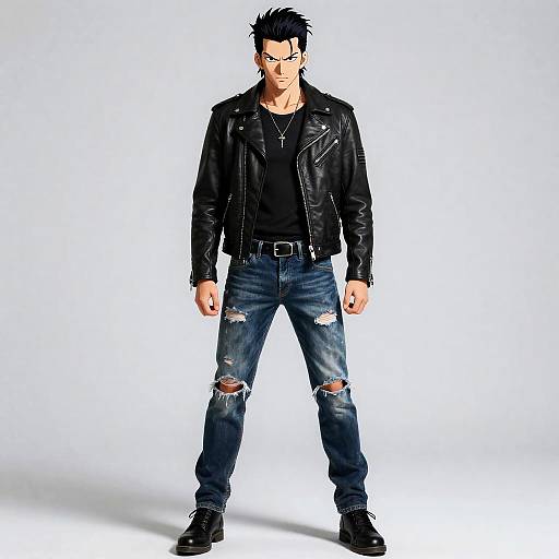 Photograph of a muscular man with spiky black hair, wearing a black leather jacket, black t-shirt, and ripped blue jeans, standing confidently against