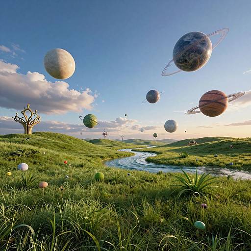 Fantasy landscape photograph: lush green hills with grassy foreground, winding river, colorful spheres and ringed planets floating in a bright blue sky.