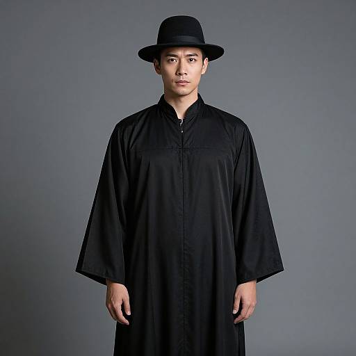 Photograph of an Asian man with a medium build, wearing a black hat and long black shirt, standing against a plain gray background.