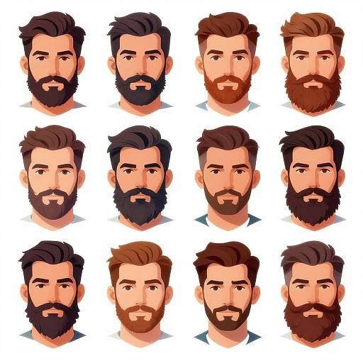 Digital illustration of 12 bearded male headshots with varied brown hair and beard styles, arranged in a 3x4 grid on a white background