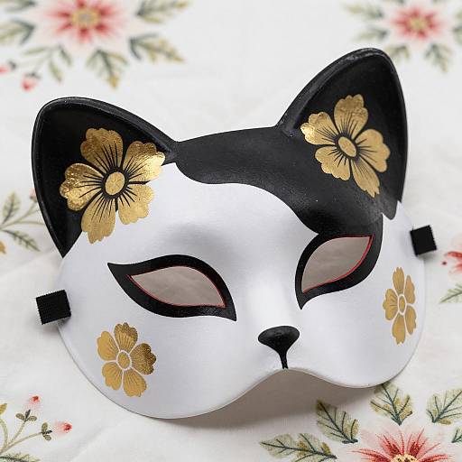 Black and White Cat Mask with Gold Floral Patterns