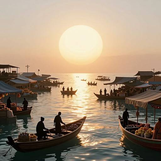 Photograph of a sunset over a floating market with silhouetted boats, vendors, and customers, reflecting golden sunlight on calm water.