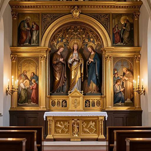 Photograph of an ornate, golden religious altar with a central Madonna and Child, flanked by detailed, painted biblical scenes and lit candles.