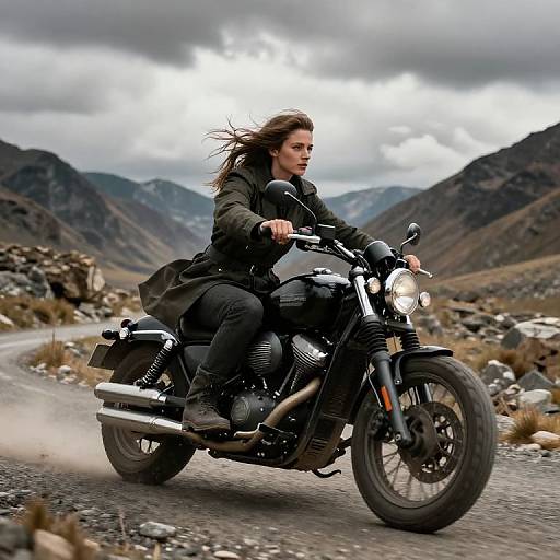 Photograph of a determined woman with long brown hair riding a black motorcycle through a rugged, mountainous landscape under cloudy skies.