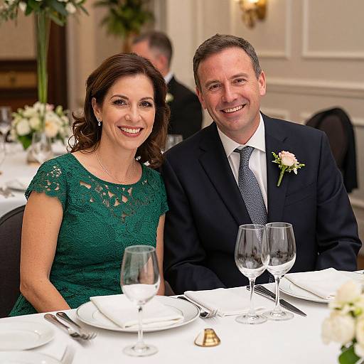 Photograph of a smiling middle-aged couple in formal attire, seated at a white-clothed table with wine glasses, in an elegant restaurant.