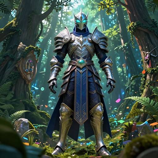 Digital artwork of a glowing blue armored warrior with a helmet, standing in a lush, enchanted forest with vibrant lights.