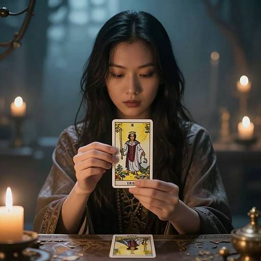 Photograph of an Asian woman with long black hair, dressed in a brown medieval-style robe, studying a tarot card in a dimly lit,
