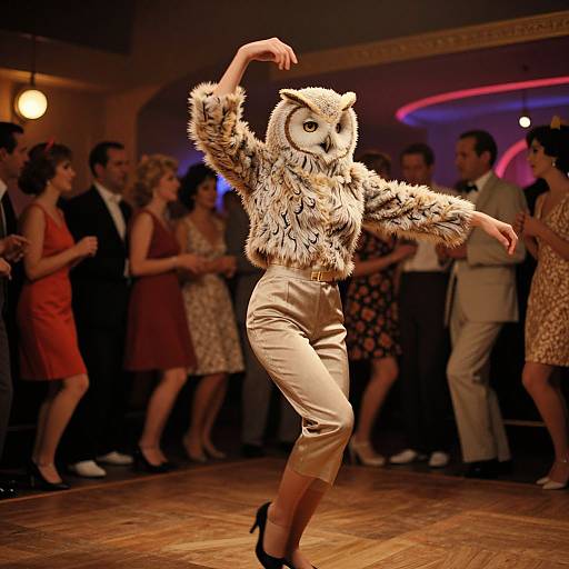 Photograph of a dancer in a fluffy owl mask and tan pants performing in a dimly-lit, retro-themed nightclub with spectators.