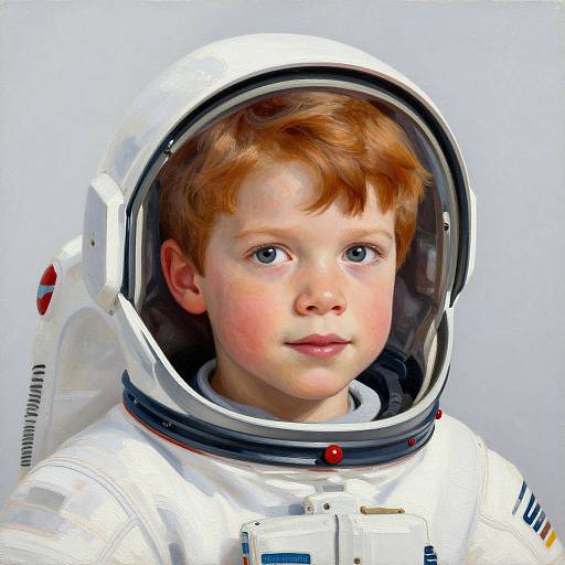 Photorealistic digital painting of a young boy with red hair, wearing a white astronaut helmet and suit, against a plain white background, looking directly at