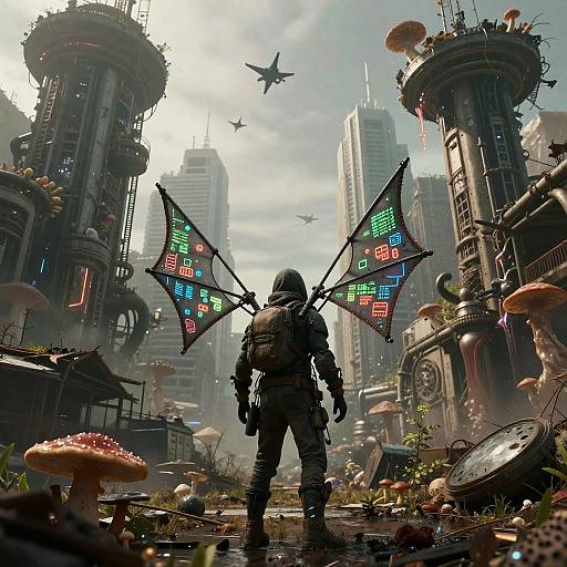 Urban Mycologist in Futuristic Overgrown Metropolis