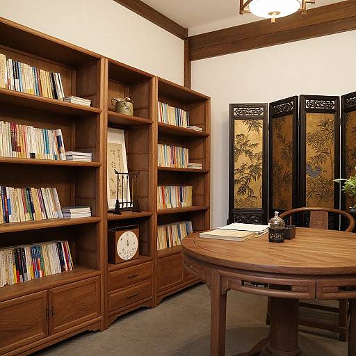 Photograph of a cozy library room with wooden bookshelves, colorful books, a round wooden table, and an oriental screen divider.