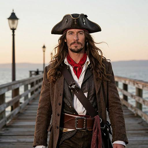 Photograph of a rugged, long-haired pirate with a tricorn hat, brown coat, white shirt, red cravat, and wooden plank bridge