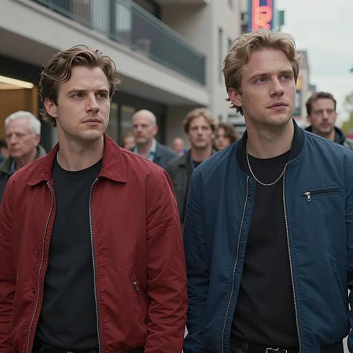 Two Men Walking Outdoors in Casual Jackets