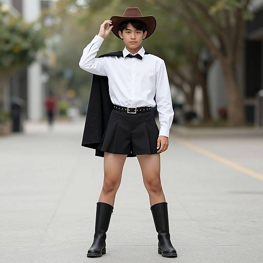 Photograph of an Asian male in a white shirt, black pleated shorts, black boots, brown hat, and black jacket, standing confidently on a