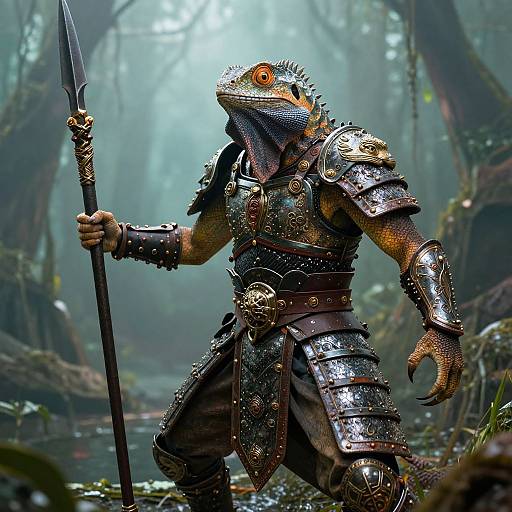 Digital artwork of a lizard-like warrior in detailed, metallic armor, holding a spear, standing in a misty, dense forest.