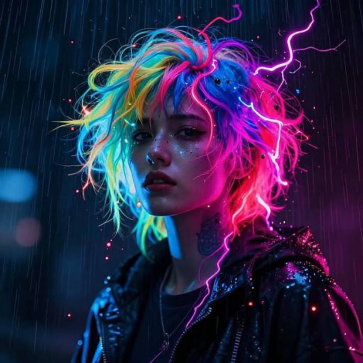 Photograph of a person with neon, electric rainbow hair illuminated by pink and blue lightning, standing in the rain at night.