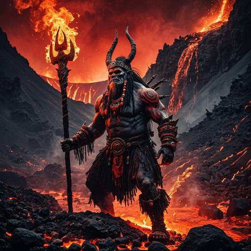 Troll Shaman in Fiery Volcanic Scene