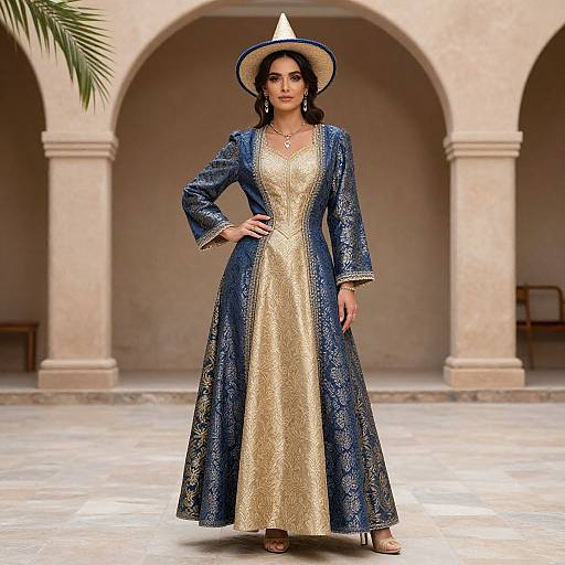 Photograph of a confident woman in a blue and gold embroidered traditional dress, wide-brimmed hat, standing in an arched courtyard.