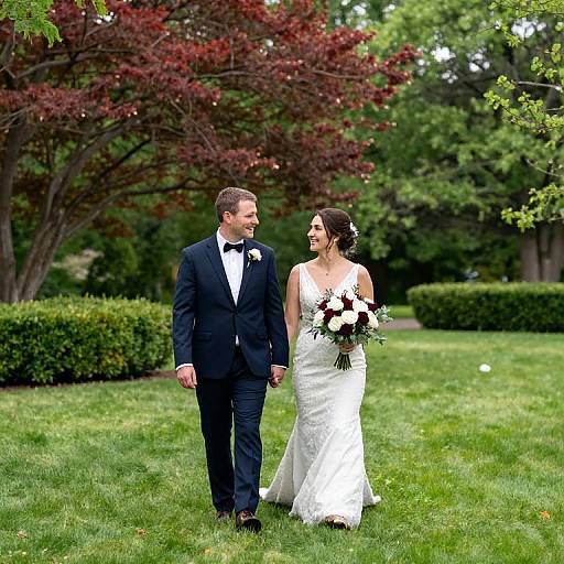 Photograph of a smiling bride in a white strapless gown and groom in a black tuxedo, walking hand-in-hand on a lush green lawn