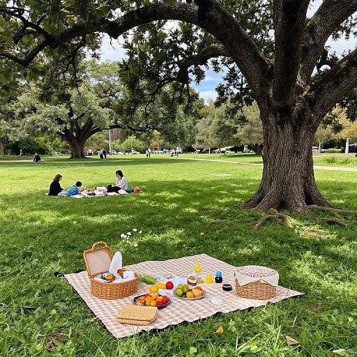 Photograph of a sunny park with a picnic blanket under a large tree, featuring baskets, fruit, and people picnicking in the background.