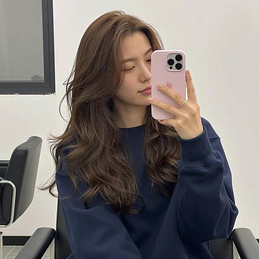 Young woman taking mirror selfie with pink iPhone