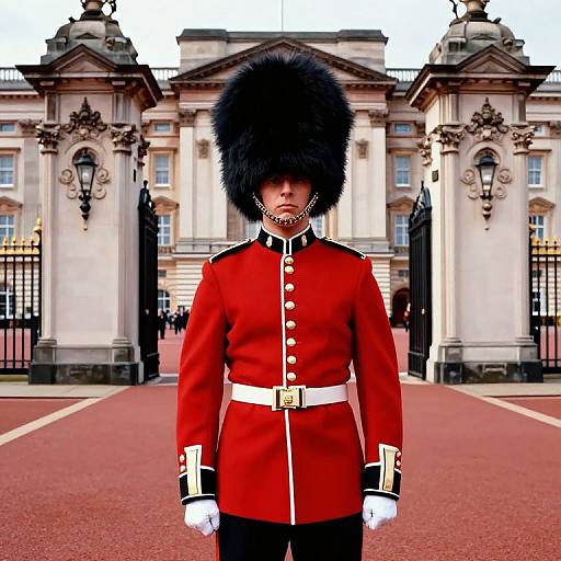Photograph of a British soldier in red uniform and tall black bearskin hat, standing in front of a grand, white stone palace with ornate gates