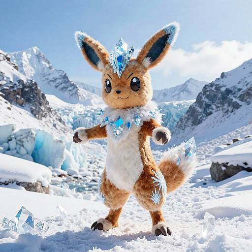 Digital artwork of a fluffy, brown-and-white fox-like creature with blue ice crystals on its head and neck, standing in a snowy, mountainous landscape