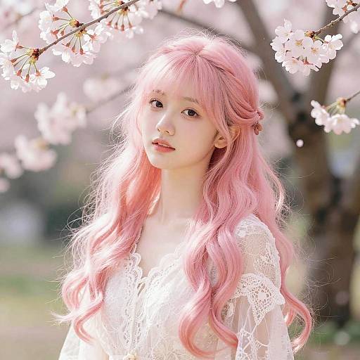 Photograph of a young Asian woman with long, wavy pink hair, wearing a white lace top, standing under blooming cherry blossoms. Soft
