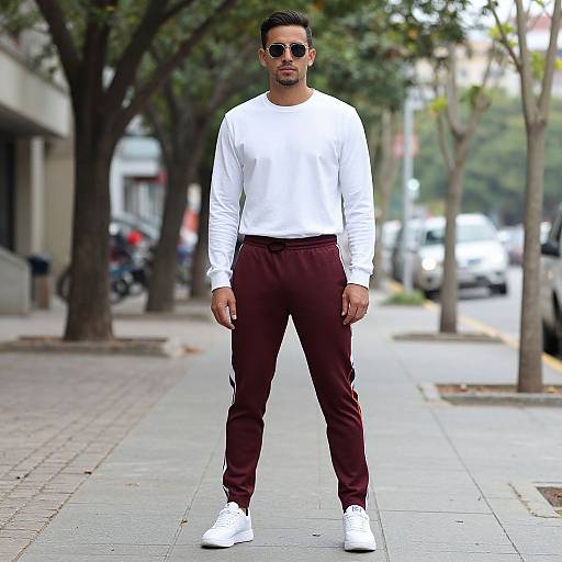 Photograph of a man with dark skin and short black hair, wearing a white long-sleeve shirt, maroon pants, white sneakers, and