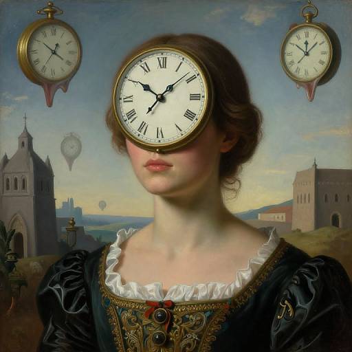 Digital surreal artwork: Victorian woman with fair skin, dark hair, clock faces replacing eyes, ornate black dress, historic church and castle background.