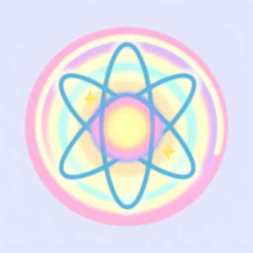 Digital abstract artwork of a glowing, neon blue atomic symbol with six petals, surrounded by a pink and yellow halo.