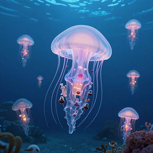 Photograph of glowing jellyfish with translucent, dome-shaped bodies and trailing tentacles, illuminated in a deep blue underwater scene.