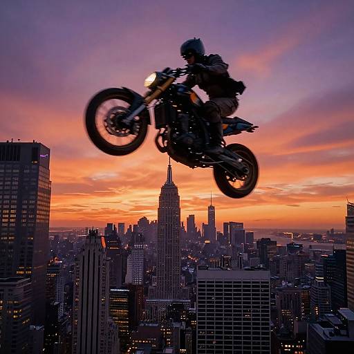 Stunt motorcyclist in silhouette performs aerial jump over New York City skyline at sunset, with vibrant orange and purple sky.