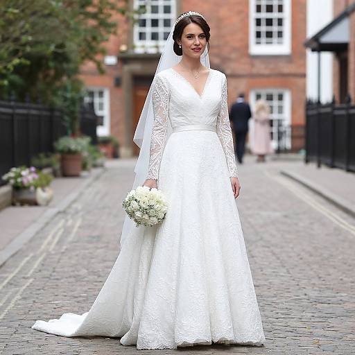 Photograph of a smiling bride in a white lace wedding dress with long sleeves, holding a bouquet of white flowers, standing on a cobblestone street