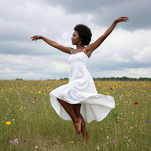 Photograph of a joyful Black woman with natural afro, wearing a flowing white dress, dancing in a colorful meadow under a cloudy sky.