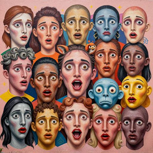 Photorealistic digital artwork of 15 diverse, expression-filled faces with wide eyes, colorful skin tones, and varied hairstyles against a pink background.