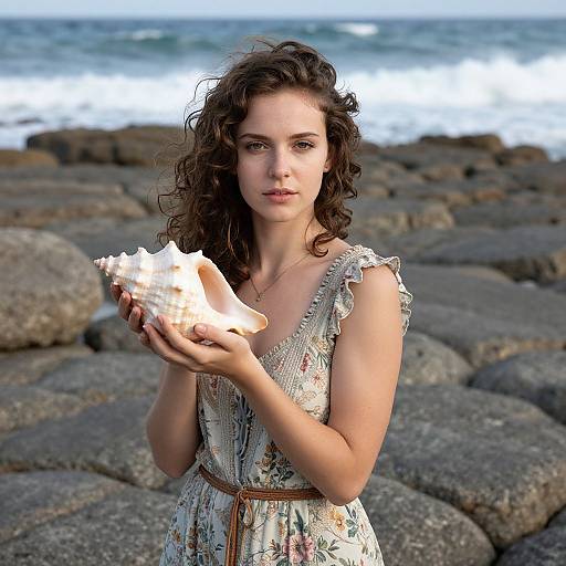 Photograph of a curly-haired young woman with fair skin, wearing a floral dress, holding a large seashell on rocky coastal terrain. Ocean waves