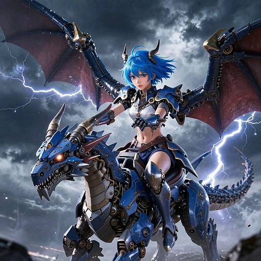 Digital anime art of a blue-haired dragon girl with bat wings and armored cybernetic suit riding a blue dragon, surrounded by lightning in a stormy