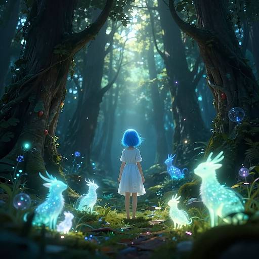 Digital illustration of a girl with blue hair in a white dress, standing in a magical forest illuminated by glowing blue and purple fireflies. Sunlight filters