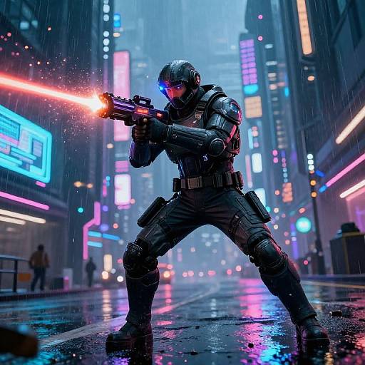 CGI sci-fi image of a black-armored sniper in a neon-lit, rainy city street, firing a glowing red laser gun. Urban backdrop