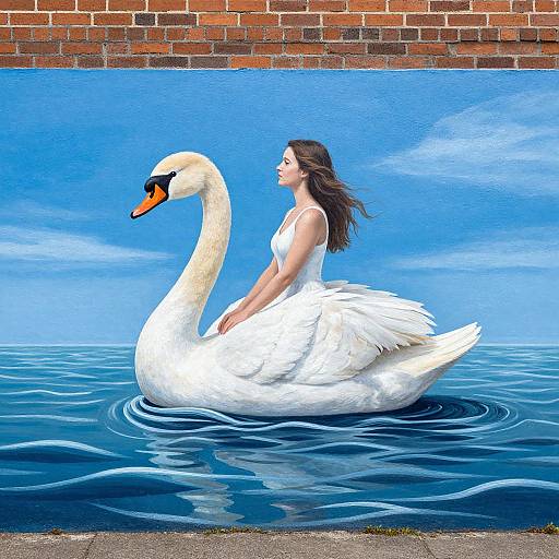 Digital painting of a woman with long brown hair in a white dress, riding a white swan on blue water, with a brick wall background.
