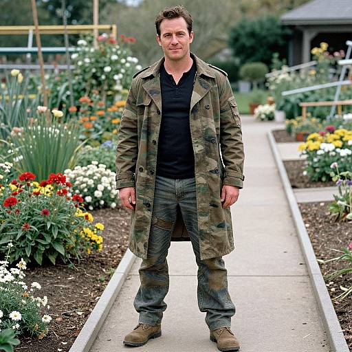 Photograph of a man with short brown hair, wearing a camo coat, black shirt, and jeans, standing on a garden path surrounded by colorful
