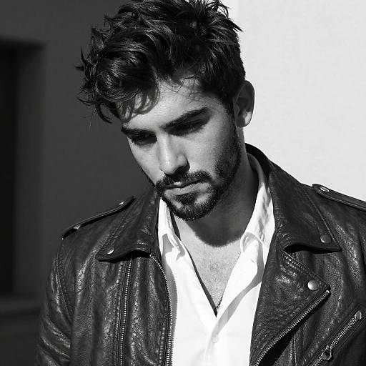 Black-and-white photograph of a handsome, bearded man with tousled hair, wearing a leather jacket over a white shirt, looking downward. High contrast