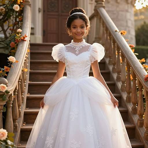 Photograph of a young South Asian bride in a white, lace-trimmed, puffed-sleeve wedding dress, standing on sunlit stone