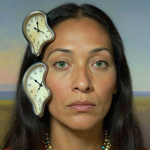 Photograph of a woman with dark hair, green eyes, and brown skin, wearing a beaded necklace, with two floating clock faces on her forehead