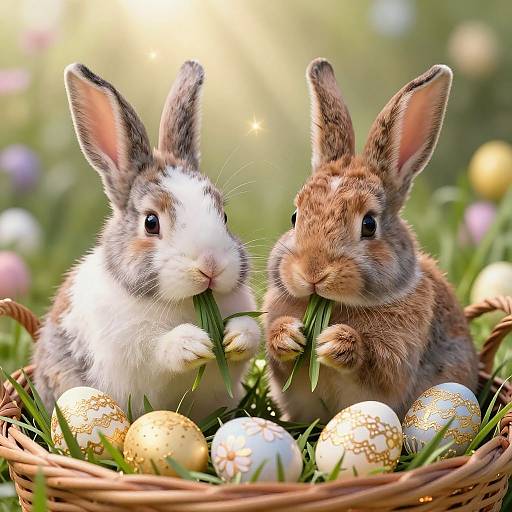 Photograph of two adorable bunnies, one white and gray, the other brown, sitting in a basket filled with decorated Easter eggs, eating grass