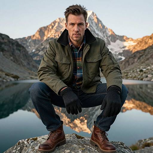 Photograph of a rugged, short-haired man in a green jacket, plaid shirt, dark gloves, and brown boots, squatting by a mountain