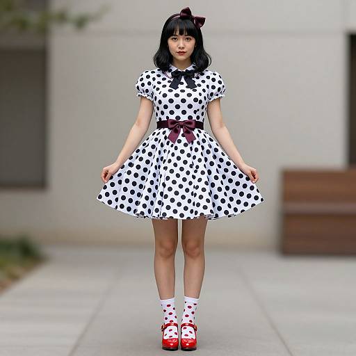 Photograph of an Asian woman with black hair in a bow, wearing a white polka dot dress, red heels, and white polka dot socks